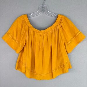 Express Off Shoulder‎ Crochet Trim Peasant Crop Top Mustard Yellow XS